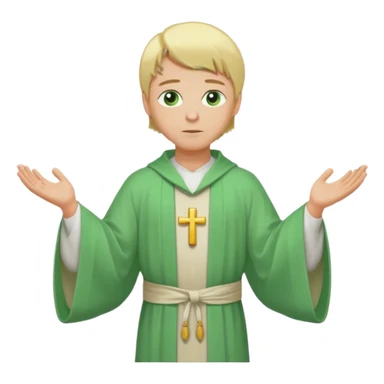 a priest, green eyes, blonde hair, light green wide, flowing outer robe. opening arms, gazing thoughtfully. Soft light, subtle fern. Waist-up, profile. sticker