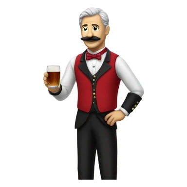 butler in a red vest with a moustache invites you to come in, full length sticker
