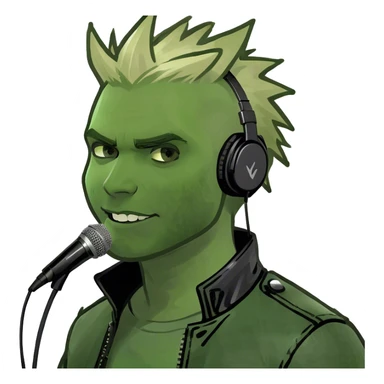 The image reflects a confident man with spiky blonde hair, a leather jacket, and a headset mic, likely a performer. He stands in a backstage area with pinned notes, illuminated by an LED-lit mirror. sticker