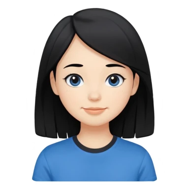 Cute cartoon-style girl portrait, black hair, blue t-shirt, big black eyes, closed mouth,clean bold lines, flat colors, minimal shading sticker