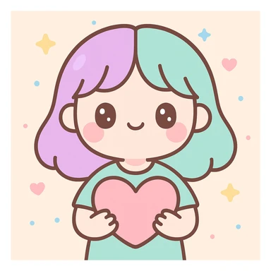 girl with half purple half green hair holding a heart, cute cartoon style sticker