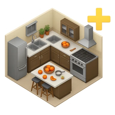 Make the background transparent, keep the plus (+) symbol in the top right corner yellow, and keep the kitchen emoji unchanged. sticker