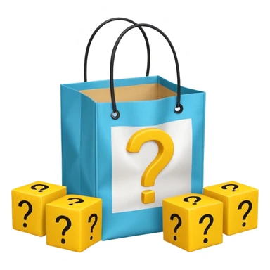 White bag with yellow questions mark cube boxes stuffed in it sticker