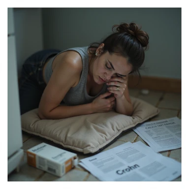 Hyperrealistic 4K image of a woman curled up on a bathroom floor hugging a heating pad, medical reports with the word 'Crohn' visible nearby, pale skin, dark circles under her eyes, discarded box of biologic medication on the floor, conveying pain and exhaustion sticker