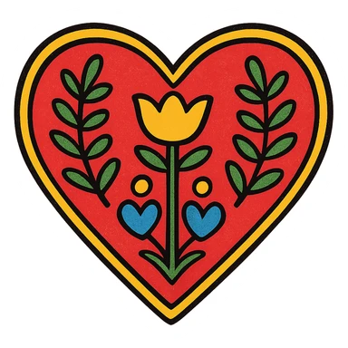 Red heart with a Scandinavian folk art nature motif. Use bright folk colors such as yellow, blue, green, and white for the motif. The design should be simple and bold with a black outline around the motif. Add a gold border around the heart. The motif should remain clear and distinct even at small sizes. Transparent background. sticker