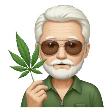 An old skinny guy in his 50's with white hair and stumbly small white beard, he wears a pair of sunglassed and holds a Big marihuana leaf  sticker