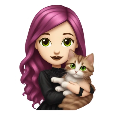 Pretty portrait of White girl. The Girl has Long Magenta Hair. Soft gothic make up and gothic dress. Holding her Cat. The cat is soft Brown Tabby british longhair kitten with Green Eyes. sticker