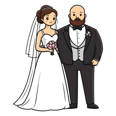 blue-eyed overweight bald man with a beard in a tux and brunette brown-eyed bride sticker