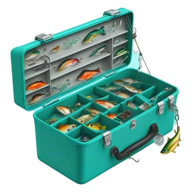 Realistic turquoise Fishing tackle box open with  fish bait and hooks inside of it sticker