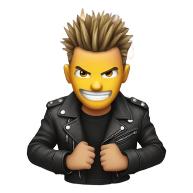 punk emoji, hardcore rock face emoji with hands, leather jacket, fire around face, smiling sticker