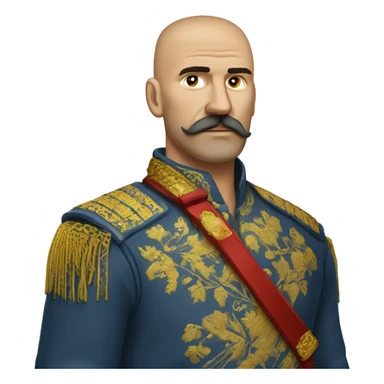 a Cossack warrior, The Cossack has a shaved head and a long strand of hair on one side. He has a thick, curved mustache and wears a gold earring in his left ear. He is wearing a simple Ukrainian embroidered shirt sticker