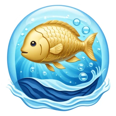 Luminous golden omega-3 capsule amid flowing blue currents, with a translucent fish circling a glowing brain. Soft blue waves radiate outward from the brain toward a faintly visible heart, showing the connection between omega-3, brain health and cardiovascular benefits. sticker