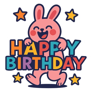laughing bunny hugging 'Happy Birthday' letters with stars, full body, vibrant-toon style sticker