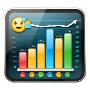 KPI dashboard emoji with rounded rectangle screen, glossy shine, soft shadow, bar chart with three colorful bars (blue, green, yellow), thin white line graph overlay, gradient background, vibrant colors, transparent background sticker