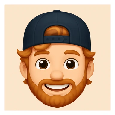 A boy with a backward cap, curly orange hair, and a goatee, emoji style sticker