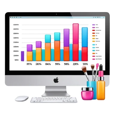 iMac computer with bar charts and beauty products inside the screen sticker