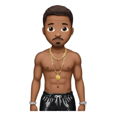 Stevie J, Record Producer with dark brown hair, black sequin baggy pants, shirtless with necklace sticker