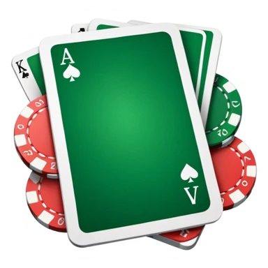 A photorealistic icon featuring playing cards and a stack of poker chips on a green felt table. Bright, detailed design with realistic textures and lighting. Transparent background, clearly symbolizing card games and strategy. sticker