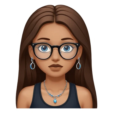 White girl with long brown hair, part going more to the RIGHT side, BLUE eyes, wearing BLACK plastic frame glasses. SEPTUM nose piercing hoop (at bottom of nose) AND stud nose piercing on right side of nose. Wearing BLACK tank top. No other jewelry sticker