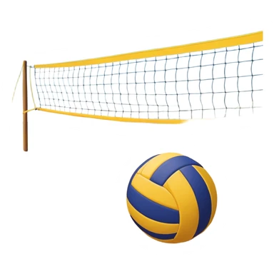 A volleyball resting on the yellow sand on a beach, with the net in the background and a scenic view of the ocean and sky. The scene captures the relaxed yet competitive vibe of beach volleyball, with warm sunlight and the natural beauty of the beach. sticker