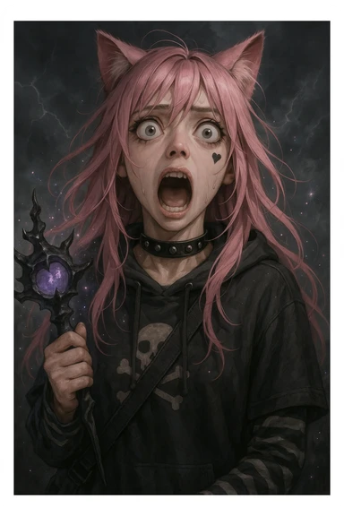 realistic anime catgirl with pink hair, emo streetwear, heart tattoo under left eye, dark magical accessory, sparkles, stormy background, classic horror movie scream face with mouth open, eyes wide in terror sticker