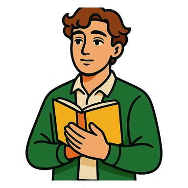 Calm and thoughtful male confidant, fair skin, soft wavy brown hair, gentle eyes, wearing a green cardigan over a light shirt, holding an open journal close to chest, waist-up, front-facing, pure background sticker