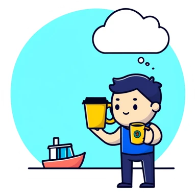 tired worker with coffee mug and thought bubble of beach sticker