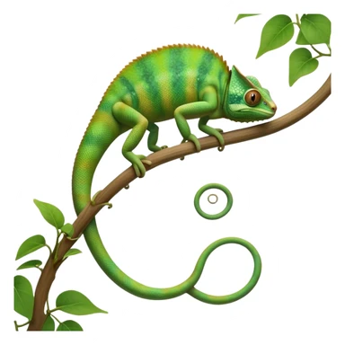 cinematic-chameleon-realistic-full-body-climbing-emoji,-slender-body-gripping-a-twisting-vine-with-prehensile-feet,-scaly-green-skin-shifting-shades-with-its-environment,-large-bulging-eyes-rotating-independently,-delicate-coiled-tail-curling-behind,-long-tongue-slightly-protruding-as-if-ready-to-strike,-simplified-yet-realistic-focused-features,-highly-detailed,-glowing-with-an-ethereal-forest-light sticker