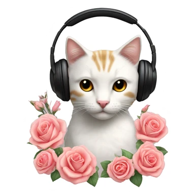 Ramo de flores rosas y junto a un gato con auriculares sticker