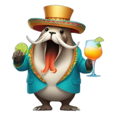 dancing walrus with coctail in mexican hat sticker