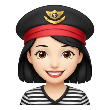 marinera de pelo negro piel blanca con camisa a rayas blanco y negro y pañuelo rojo y gorra de capitana y sonrisa alegre sticker