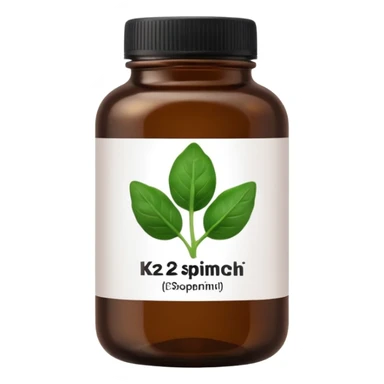 brown glass bottle of supplements with white label, black thin title K2 and small spinach emoji sticker