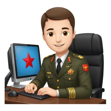 Мужчина в российской прокурорской форме, сидит за компьютером с улыбкой sticker