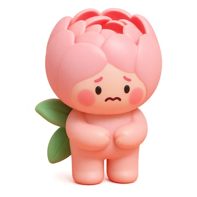 pink peony flower with a round plump body, blushing cheeks, nervous expression, vinyl figure style sticker