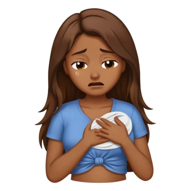 Crying women with long brown hair rubbing stomach with shirt on sticker