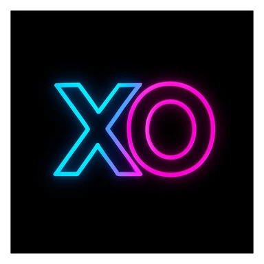 logo with 'X' and 'O' arranged creatively, neon blue and pink, black background, futuristic and eye-catching sticker