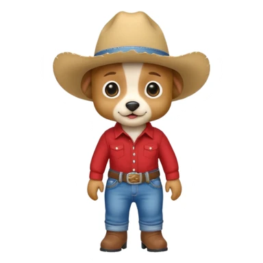 Steampunk a very cute and adorable anthropomorphic puppy with a cowboy hat ,red shirt and blue jeans and white boots is walking  sticker