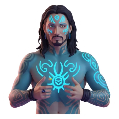 Add more cyberpunk details to Johnny Silverhand: glowing neon tattoos, cybernetic enhancements, holographic elements, and a futuristic cityscape background, keep the 3D emoji style, with no background. sticker