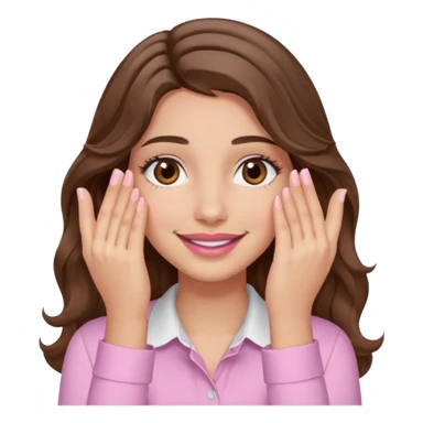 girl with wavy long brown hair, brown eyes, light to medium complexion, long lashes, light pink lipstick, wearing light pink shirt, smiling, hands covering over the eyes sticker