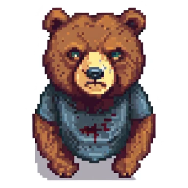 pixel art of a bear with a menacing expression, facial wound, looks like a thug sticker