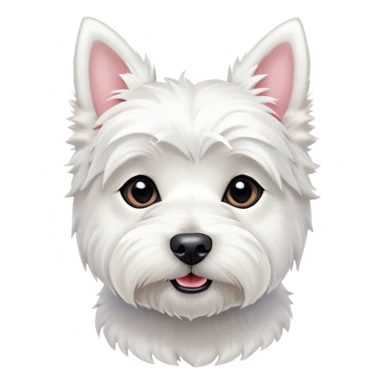 Cinematic Cute West Highland White Terrier Portrait Emoji, Head tilted playfully and inquisitively, featuring a fluffy, immaculate white coat with perky ears, round, sparkling dark eyes filled with curiosity, Simplified yet irresistibly adorable features, highly detailed, glowing with a warm, friendly glow, high shine, affectionate and lively, stylized with a touch of whimsy, bright and endearing, soft glowing outline, capturing the essence of a mischievous yet loving pup, so playful it feels like it could bound out of the screen and into your arms! sticker