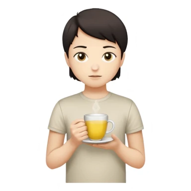 человек с короткими тёмными волосами и круглым лицом. У него спокойное, нейтральное выражение лица, тёмные глаза, аккуратные брови. Он стоит прямо на фоне светлой стены. На нём светлая футболка с небольшим рисунком. В целом образ выглядит простым и аккуратным. В руках чай с лимоном sticker