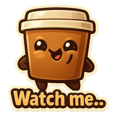 Tall coffee cup, giggling, mischievous eyes, "Watch me..." sticker