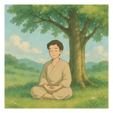 inner peace as a serene person meditating under a tree, soft colors, ghibli style sticker