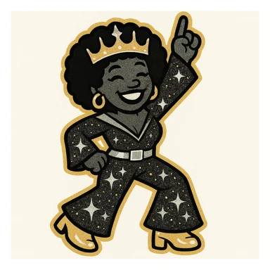 Create a 1970s disco emoji of a female African American with a full body, dancing, wearing a sparkling 70s style crown and matching disco outfit, with a joyful expression and afro hairstyle. Use only gold, silver, black, and white colors in a bold pop colors style. sticker