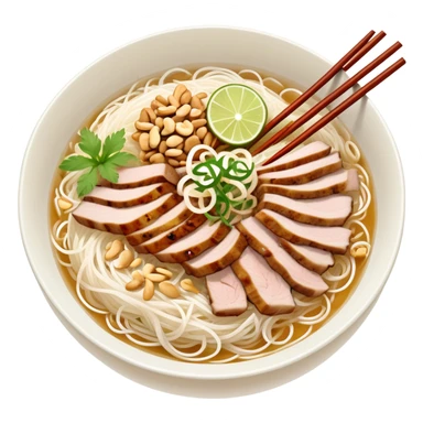 A bowl of Vietnamese Bún Thịt Nướng - rice vermicelli noodles with grilled pork, herbs, bean sprouts, and fish sauce sticker