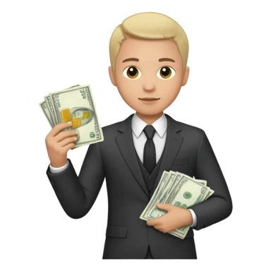 A man with a lot of money and short hair, wearing a suit sticker