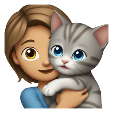 blue eyes grey kitten hugging brown short hair woman sticker
