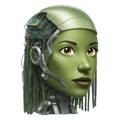 Olive green long hair female cyborg head with circuits sticker