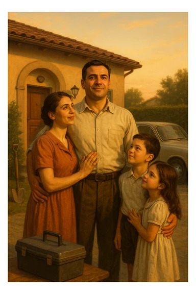 Uomo tra i 35 e i 45 anni, in piedi con postura fiera davanti alla sua casa, circondato dalla famiglia: moglie e figli lo guardano con rispetto e affetto. Indossa abiti semplici ma ordinati, simbolo di lavoro e stabilità (camicia, pantaloni, magari una cassetta degli attrezzi o una valigetta vicino). Sullo sfondo elementi che richiamano i suoi ruoli: casa ordinata, auto familiare, strumenti di lavoro, simboli di protezione e presenza. Espressione serena, forte ma accogliente. Colori caldi, luce naturale del tramonto. Stile realistico, atmosfera rassicurante e simbolica in italia, immagine realistica sticker